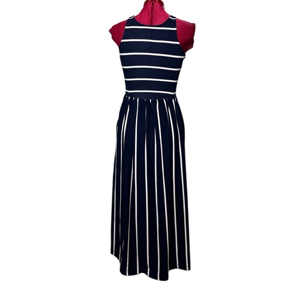 Classic navy white striped sleeveless knit pullover maxi dress gathered skirt - Picture 3 of 5